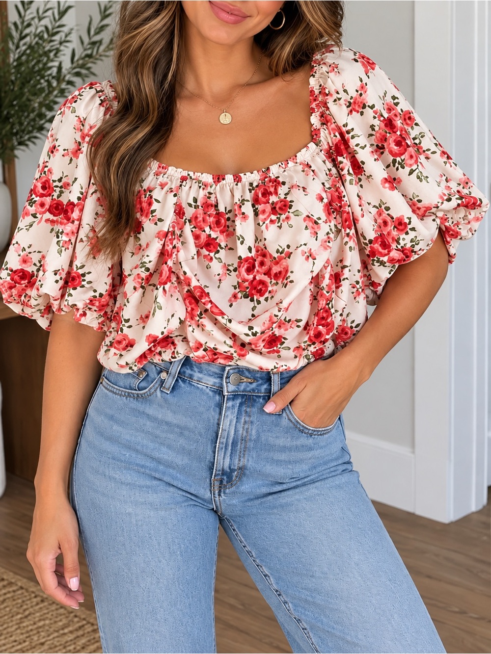 Jon & Anna Cream Blouse with Red Rose Print